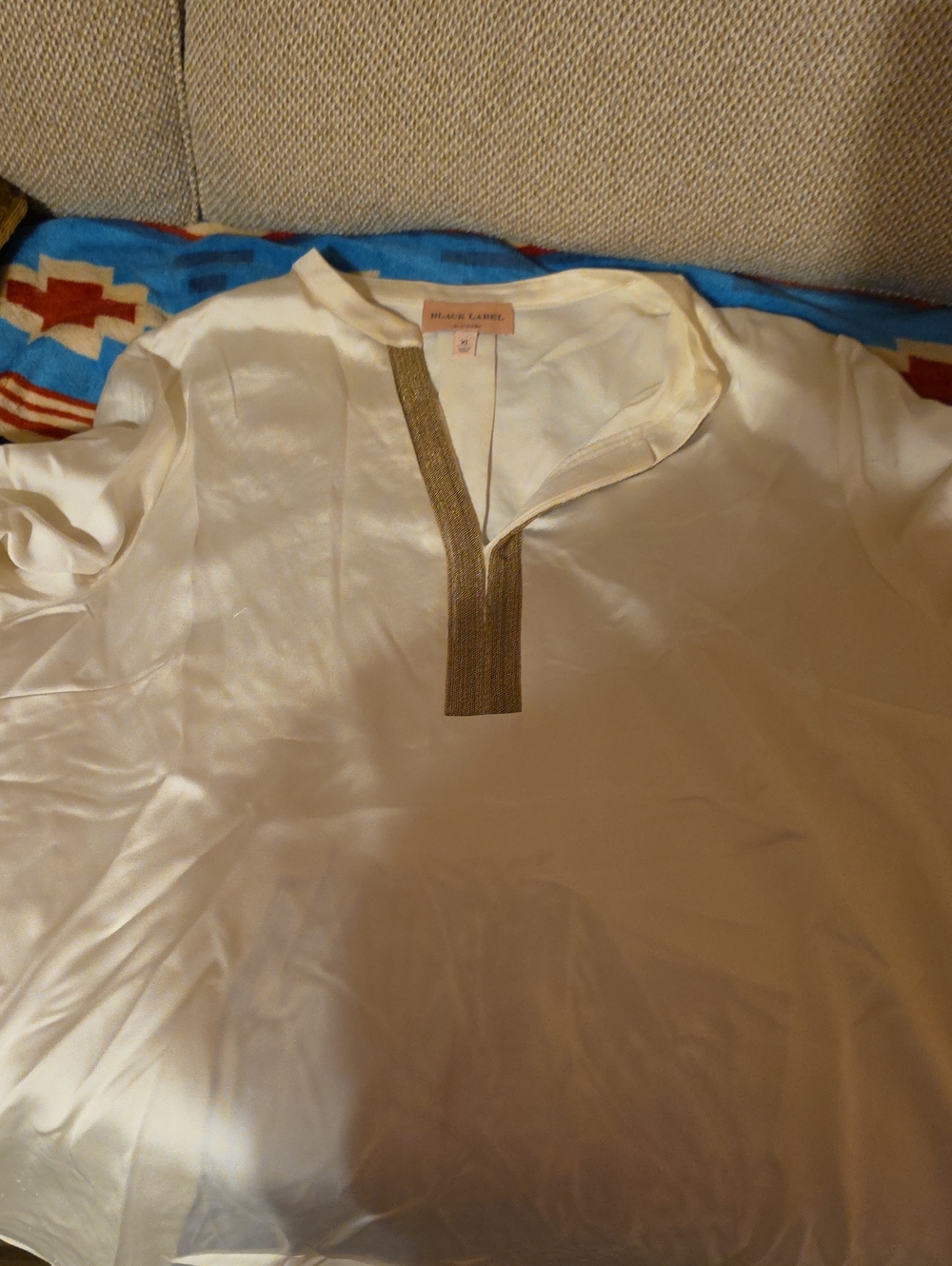 Women's Cream Blouse with Gold Trim V-Neck